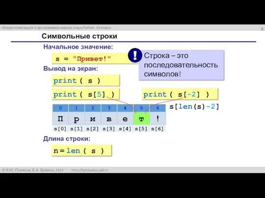 Символьные строки Начальное значение: Вывод на экран: print ( s )