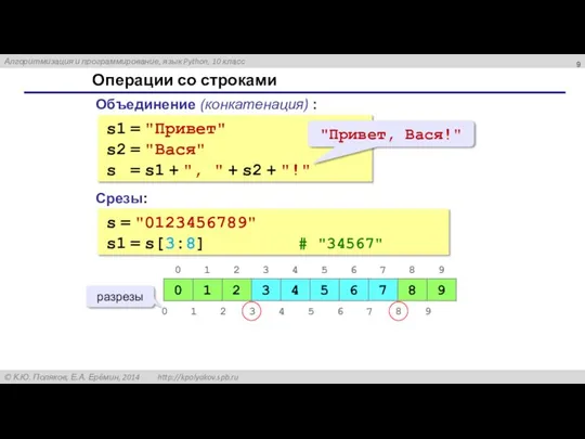 Операции со строками Объединение (конкатенация) : s1 = "Привет" s2 =