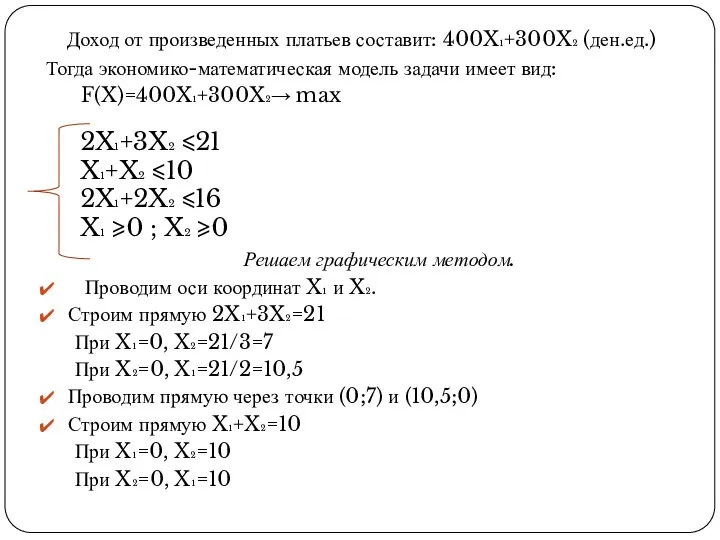 Доход от произведенных платьев составит: 400X₁+300X₂ (ден.ед.) Тогда экономико-математическая модель задачи