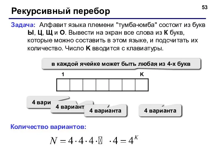 Рекурсивный перебор Задача: Алфавит языка племени "тумба-юмба" состоит из букв Ы,