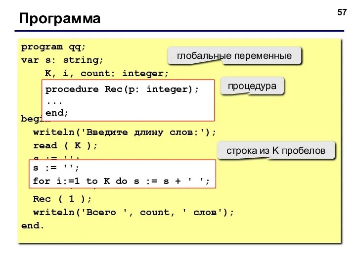 Программа program qq; var s: string; K, i, count: integer; begin