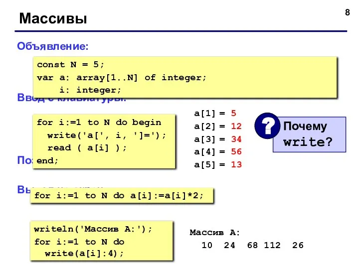 Массивы Объявление: Ввод с клавиатуры: Поэлементные операции: Вывод на экран: const