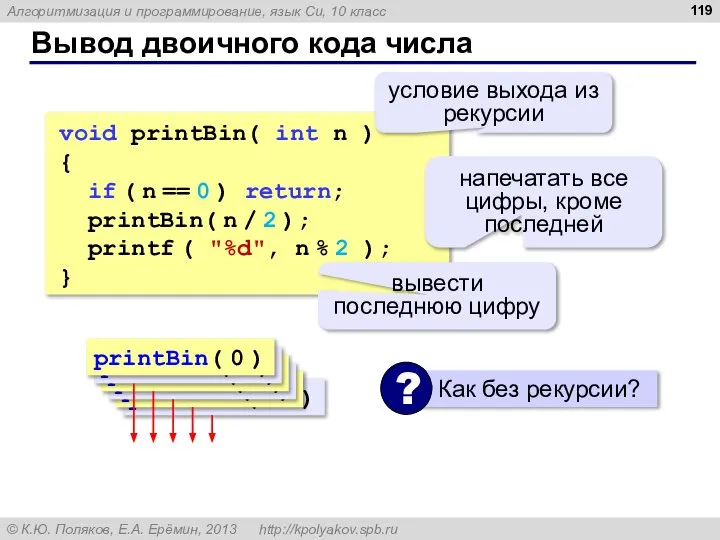 Вывод двоичного кода числа void printBin( int n ) { if