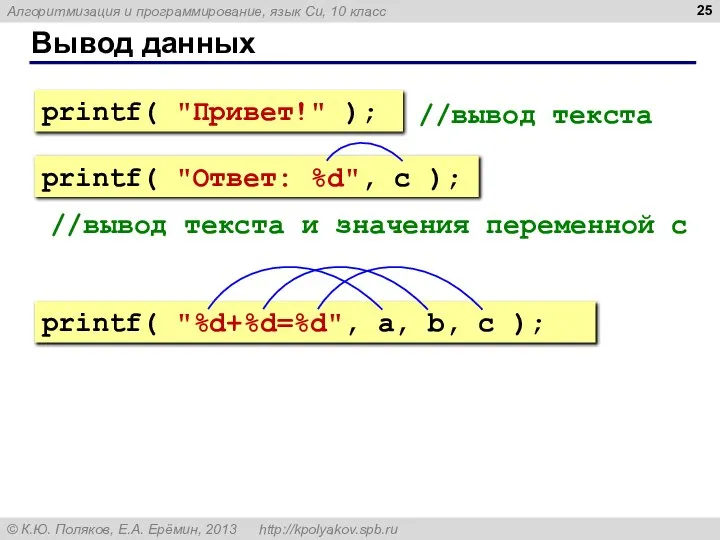 Вывод данных //вывод текста //вывод текста и значения переменной c printf(