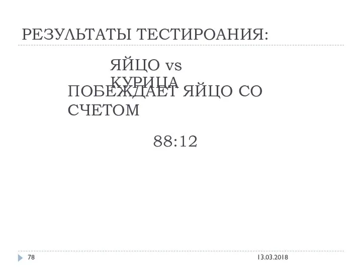 РЕЗУЛЬТАТЫ ТЕСТИРОАНИЯ: ЯЙЦО vs КУРИЦА ПОБЕЖДАЕТ ЯЙЦО СО СЧЕТОМ 88:12 13.03.2018