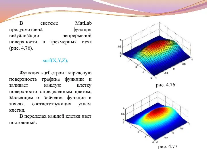 В системе MatLab предусмотрена функция визуализации непрерывной поверхности в трехмерных осях