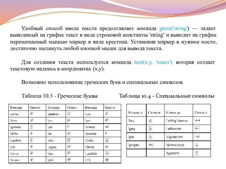 Удобный способ ввода текста предоставляет команда gtext('string') — задает выводимый на