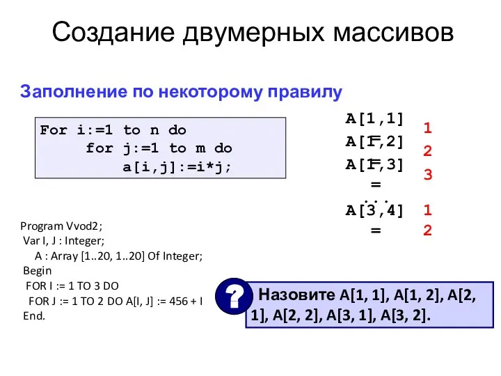 Создание двумерных массивов Заполнение по некоторому правилу For i:=1 to n