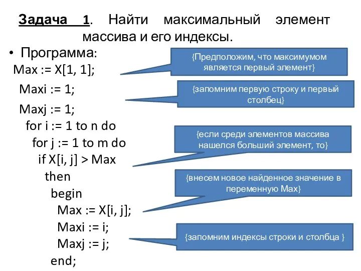 Max := X[1, 1]; Maxi := 1; Maxj := 1; for