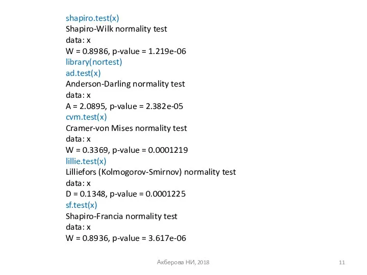 Акберова НИ, 2018 shapiro.test(x) Shapiro-Wilk normality test data: x W =