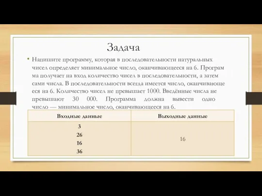 Задача Напишите программу, ко­то­рая в по­сле­до­ва­тель­но­сти на­ту­раль­ных чисел опре­де­ля­ет ми­ни­маль­ное число,