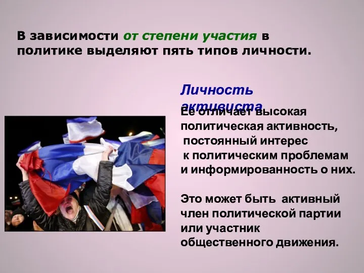 В зависимости от степени участия в политике выделяют пять типов личности.