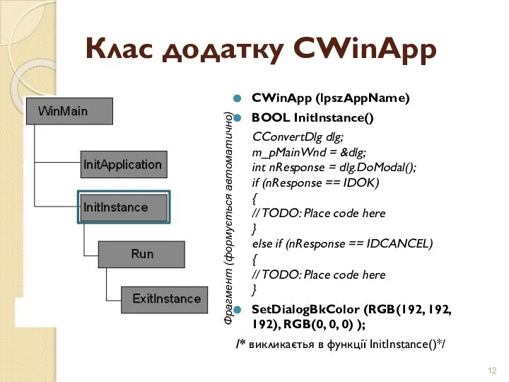 Клас додатку CWinApp CWinApp (lpszAppName) BOOL InitInstance() CConvertDlg dlg; m_pMainWnd =