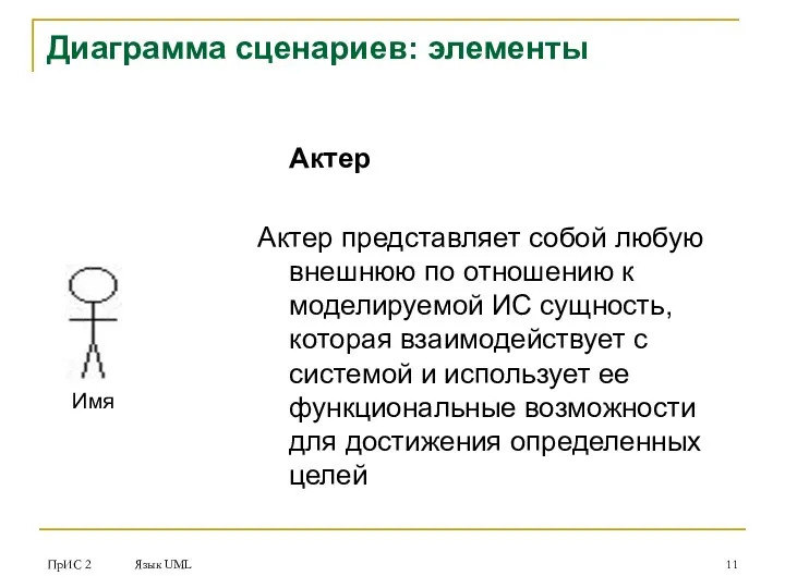 ПрИС 2 Язык UML Диаграмма сценариев: элементы Актер Актер представляет собой