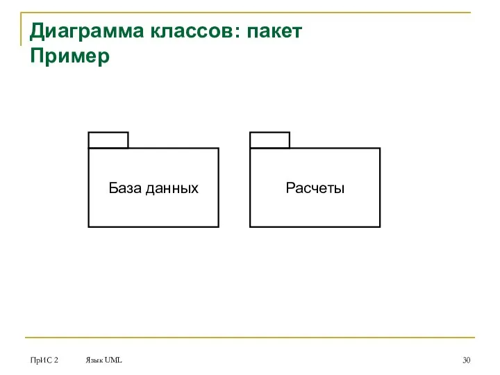 ПрИС 2 Язык UML Диаграмма классов: пакет Пример База данных Расчеты