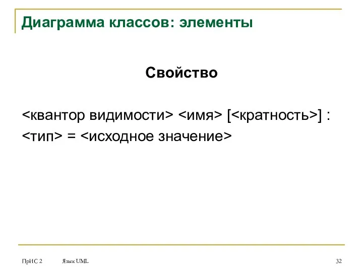 ПрИС 2 Язык UML Диаграмма классов: элементы Свойство [ ] : =