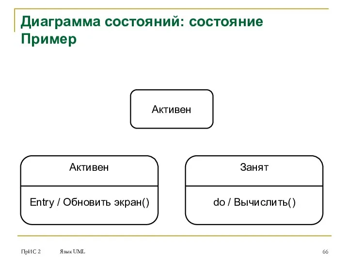 ПрИС 2 Язык UML Диаграмма состояний: состояние Пример Активен Активен Entry