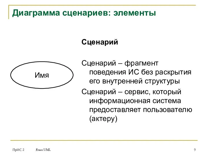 ПрИС 2 Язык UML Диаграмма сценариев: элементы Сценарий Сценарий – фрагмент