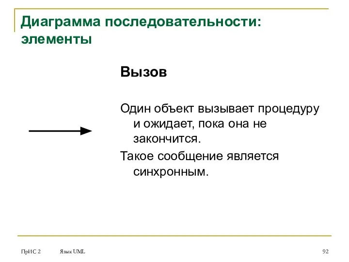 ПрИС 2 Язык UML Вызов Один объект вызывает процедуру и ожидает,