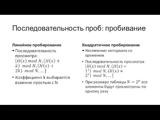 Последовательность проб: пробивание Линейное пробирование Квадратичное пробирование