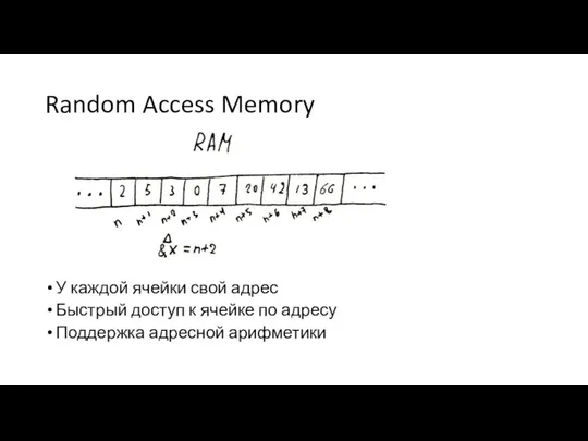 Random Access Memory У каждой ячейки свой адрес Быстрый доступ к