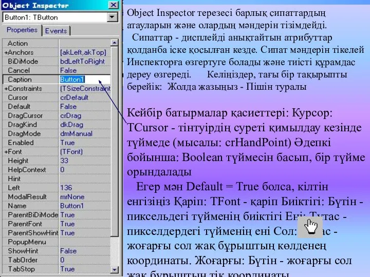 Object Inspector терезесі барлық сипаттардың атауларын және олардың мәндерін тізімдейді. Сипаттар