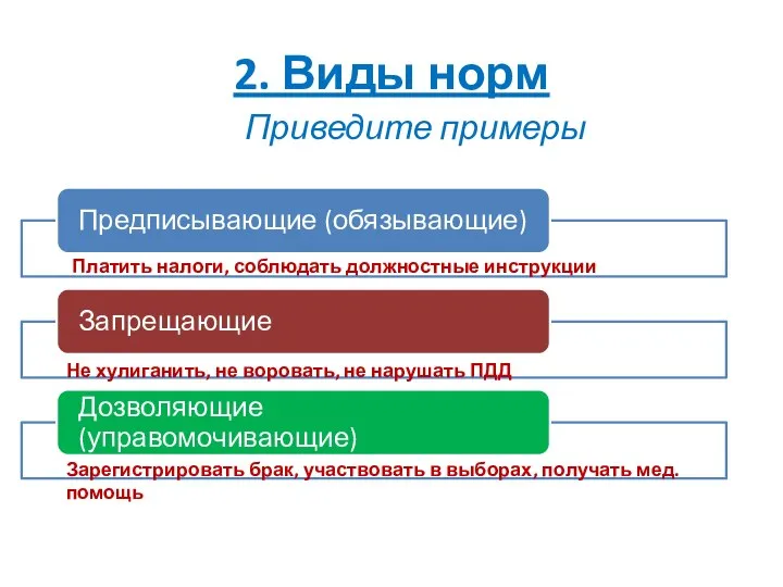 2. Виды норм Платить налоги, соблюдать должностные инструкции Не хулиганить, не