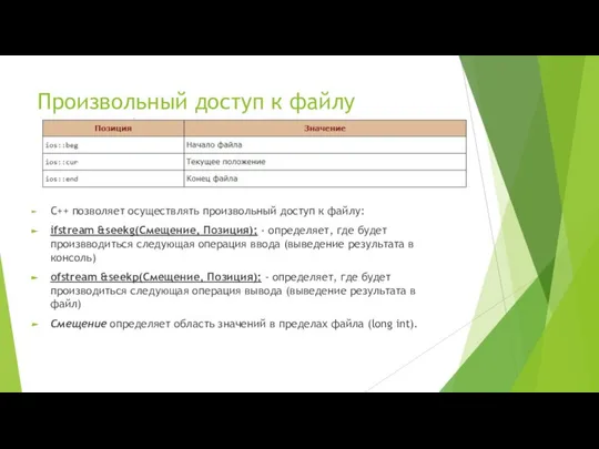 Произвольный доступ к файлу С++ позволяет осуществлять произвольный доступ к файлу: