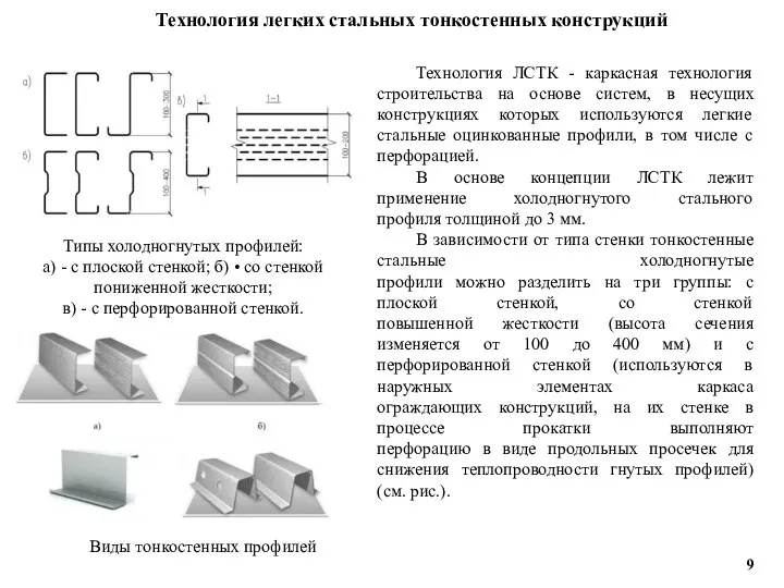 Технология легких стальных тонкостенных конструкций Типы холодногнутых профилей: а) - с