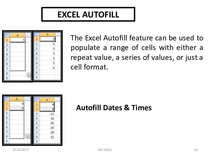 25-02-2017 MS EXCEL EXCEL AUTOFILL The Excel Autofill feature can be