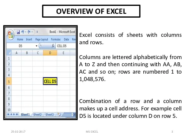 OVERVIEW OF EXCEL Excel consists of sheets with columns and rows.