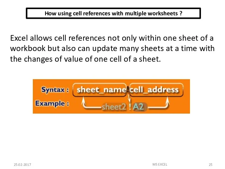 How using cell references with multiple worksheets ? 25-02-2017 MS EXCEL