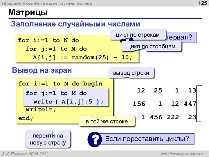 Матрицы Заполнение случайными числами for i:=1 to N do for j:=1