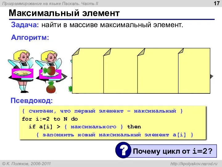 Максимальный элемент Задача: найти в массиве максимальный элемент. Алгоритм: Псевдокод: {