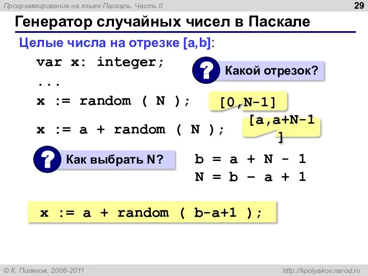 Генератор случайных чисел в Паскале Целые числа на отрезке [a,b]: var