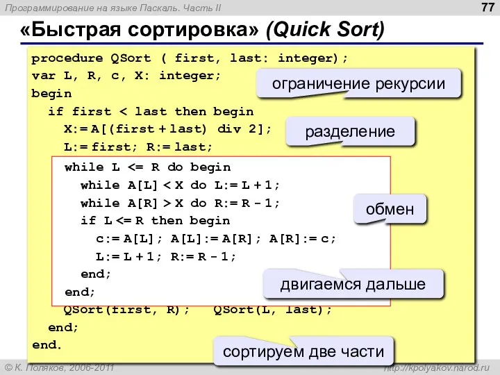 «Быстрая сортировка» (Quick Sort) procedure QSort ( first, last: integer); var