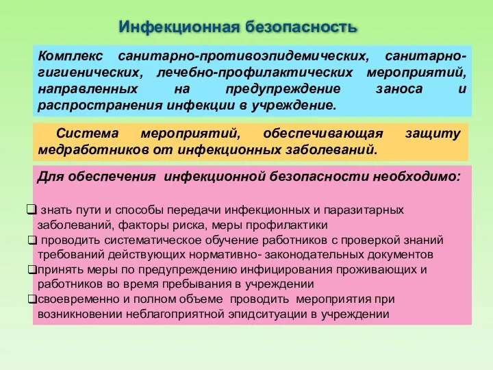 Инфекционная безопасность Комплекс санитарно-противоэпидемических, санитарно-гигиенических, лечебно-профилактических мероприятий, направленных на предупреждение заноса