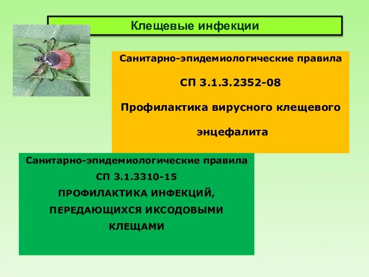 Клещевые инфекции Санитарно-эпидемиологические правила СП 3.1.3.2352-08 Профилактика вирусного клещевого энцефалита Санитарно-эпидемиологические