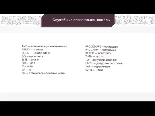 Служебные слова языка Паскаль AND — логическое умножение («и») ARRAY —