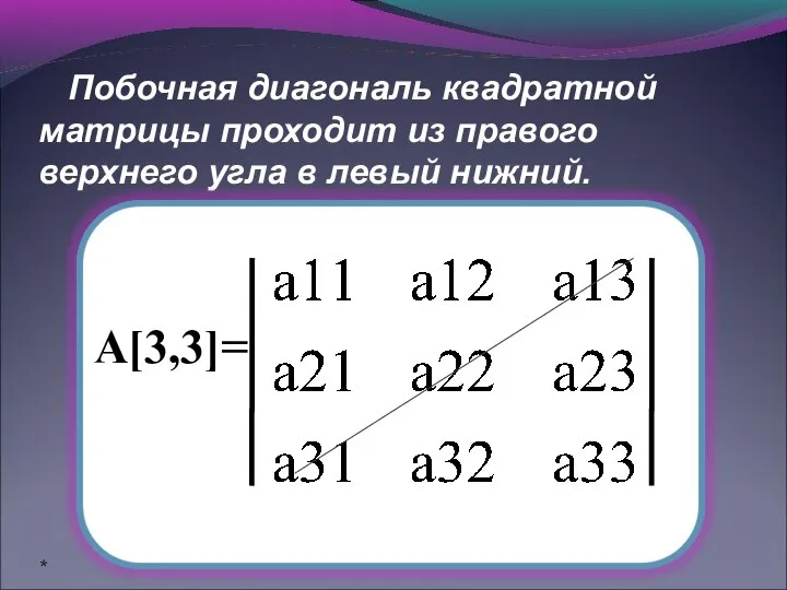 Побочная диагональ квадратной матрицы проходит из правого верхнего угла в левый нижний. А[3,3]= *