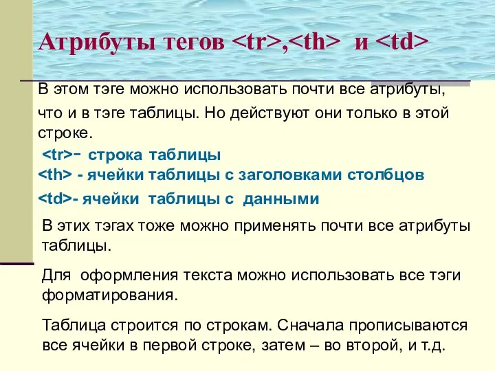 - строка таблицы В этом тэге можно использовать почти все атрибуты,