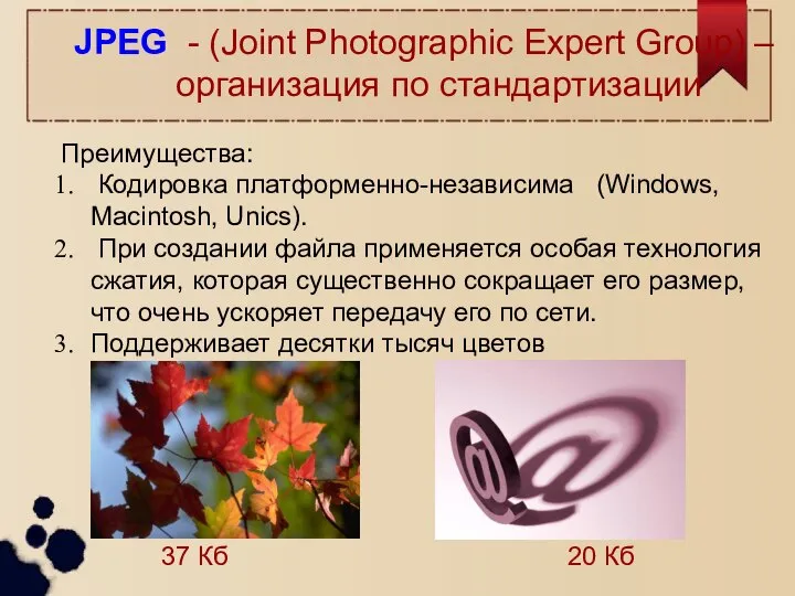 JPEG - (Joint Photographic Expert Group) – организация по стандартизации Преимущества: