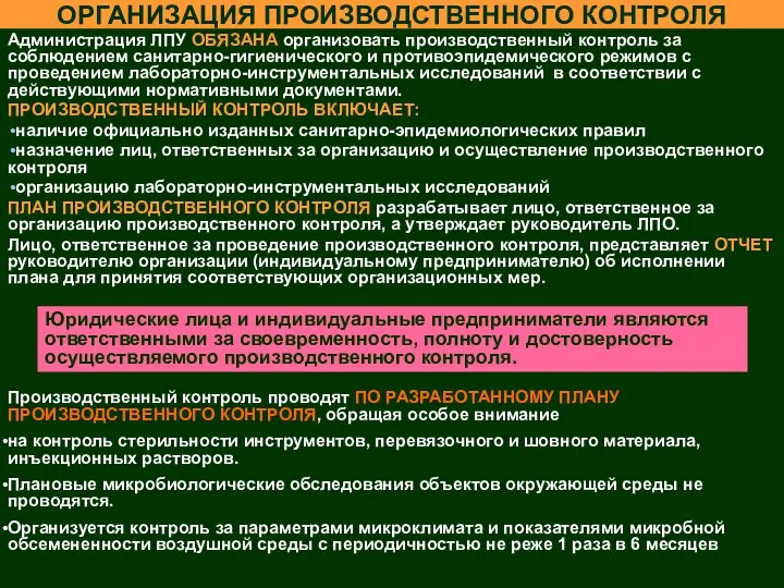 ОРГАНИЗАЦИЯ ПРОИЗВОДСТВЕННОГО КОНТРОЛЯ Администрация ЛПУ ОБЯЗАНА организовать производственный контроль за соблюдением