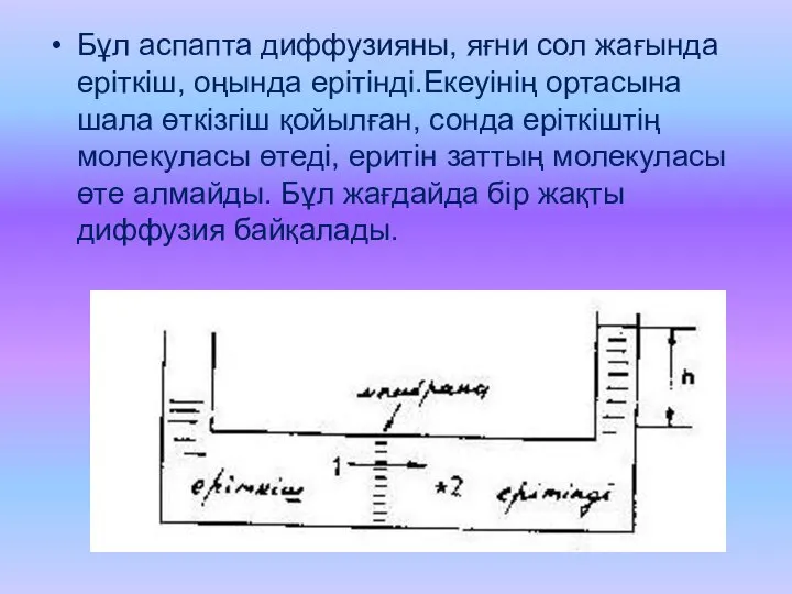 Бұл аспапта диффузияны, яғни сол жағында еріткіш, оңында ерітінді.Екеуінің ортасына шала