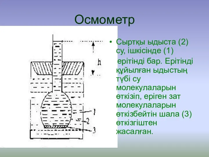 Осмометр Сыртқы ыдыста (2) су, ішкісінде (1) ерітінді бар. Ерітінді құйылған