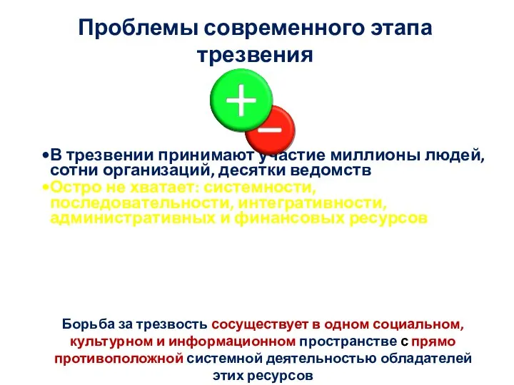 Проблемы современного этапа трезвения В трезвении принимают участие миллионы людей, сотни