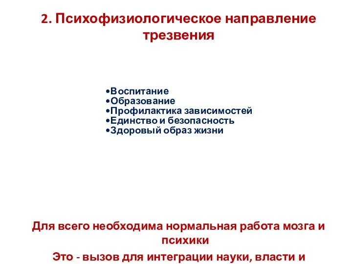 2. Психофизиологическое направление трезвения Для всего необходима нормальная работа мозга и