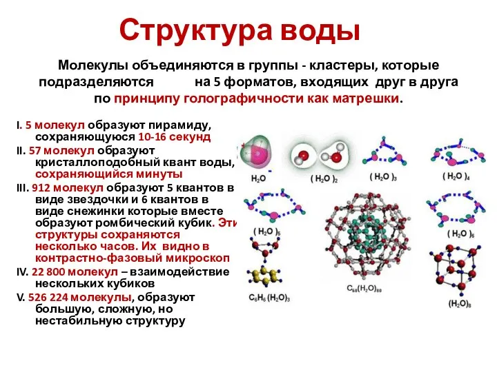 Структура воды I. 5 молекул образуют пирамиду, сохраняющуюся 10-16 секунд II.