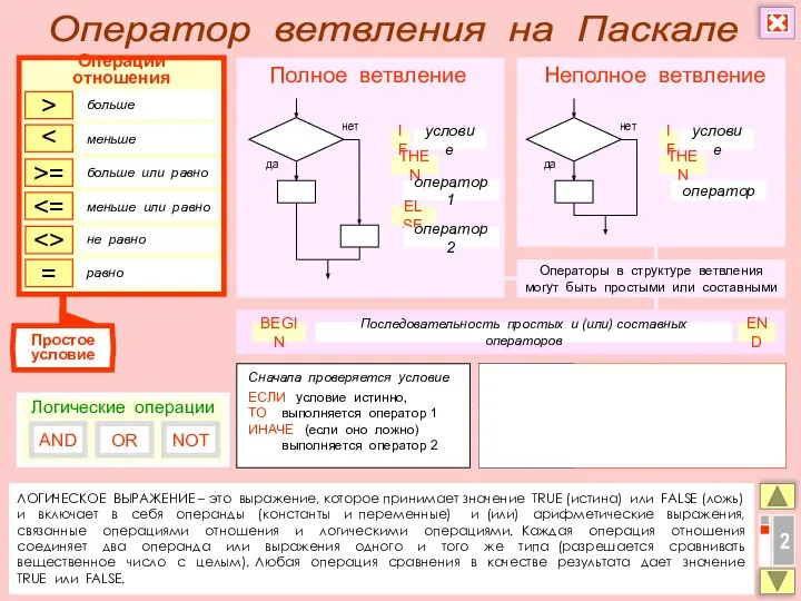 ЛОГИЧЕСКОЕ ВЫРАЖЕНИЕ – это выражение, которое принимает значение TRUE (истина) или