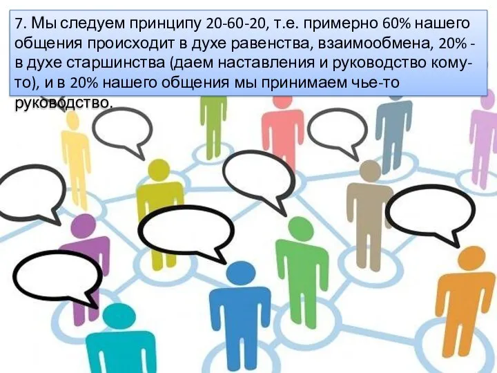 7. Мы следуем принципу 20-60-20, т.е. примерно 60% нашего общения происходит